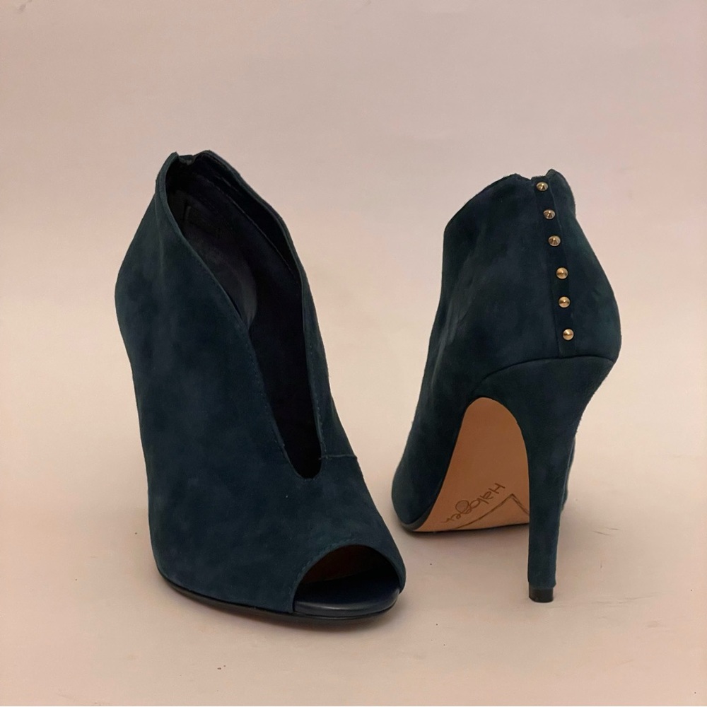 Halogen Shoes Dark Teal Suede Peep-Toe Heeled Boots
